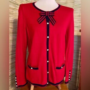 Talbots bright red w navy trim cardigan with pearl button and striped bow pin.